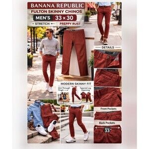 Banana Republic Fulton Skinny Chinos Pants Men's 33x30 Stretch Preppy Rust